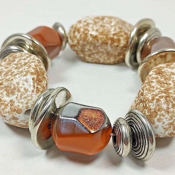 Silver Tone Metal Plastic Beads Stretchy Elastic Cord Bracelet 7.25" Multicolor - Picture 6 of 10